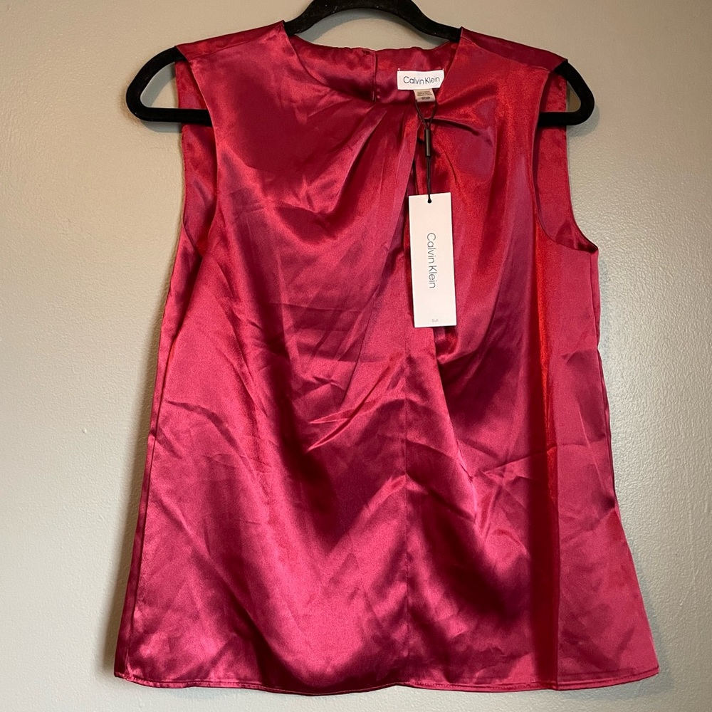 NWT Calvin Klein Small Burgundy Silky Chest Knot Sleeveless Blouse Top Ret $59!
